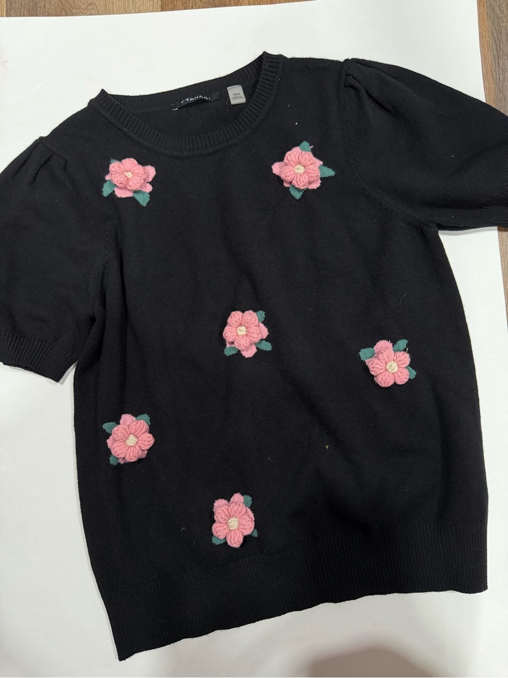 T Tahari Black Short-Sleeve Sweater with Pink Floral Appliqués